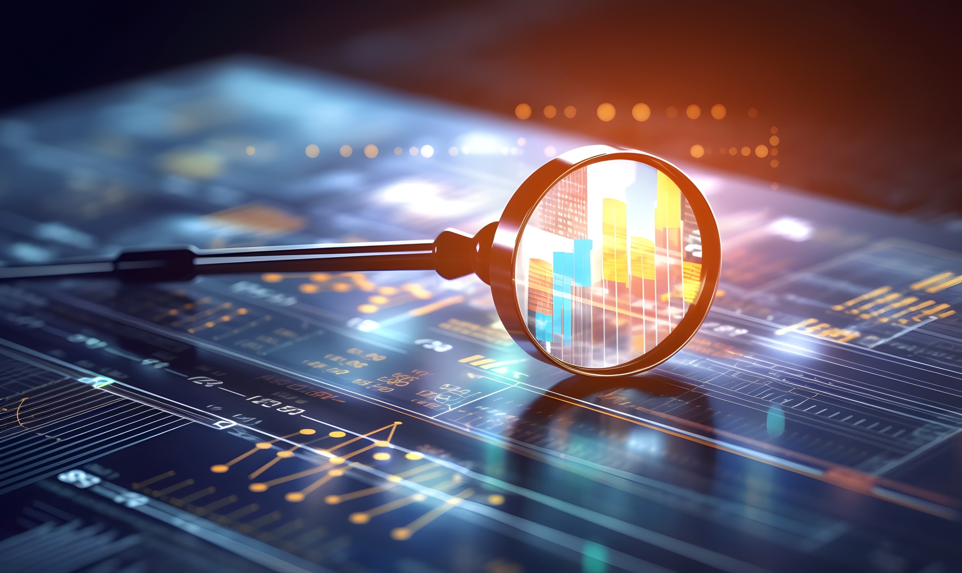 Business audit stock financial finance management on analysis data strategy with graph accounting marketing or report chart economy investment research profit concept. Generative AI Eine Lupe liegt auf einem digitalen Board