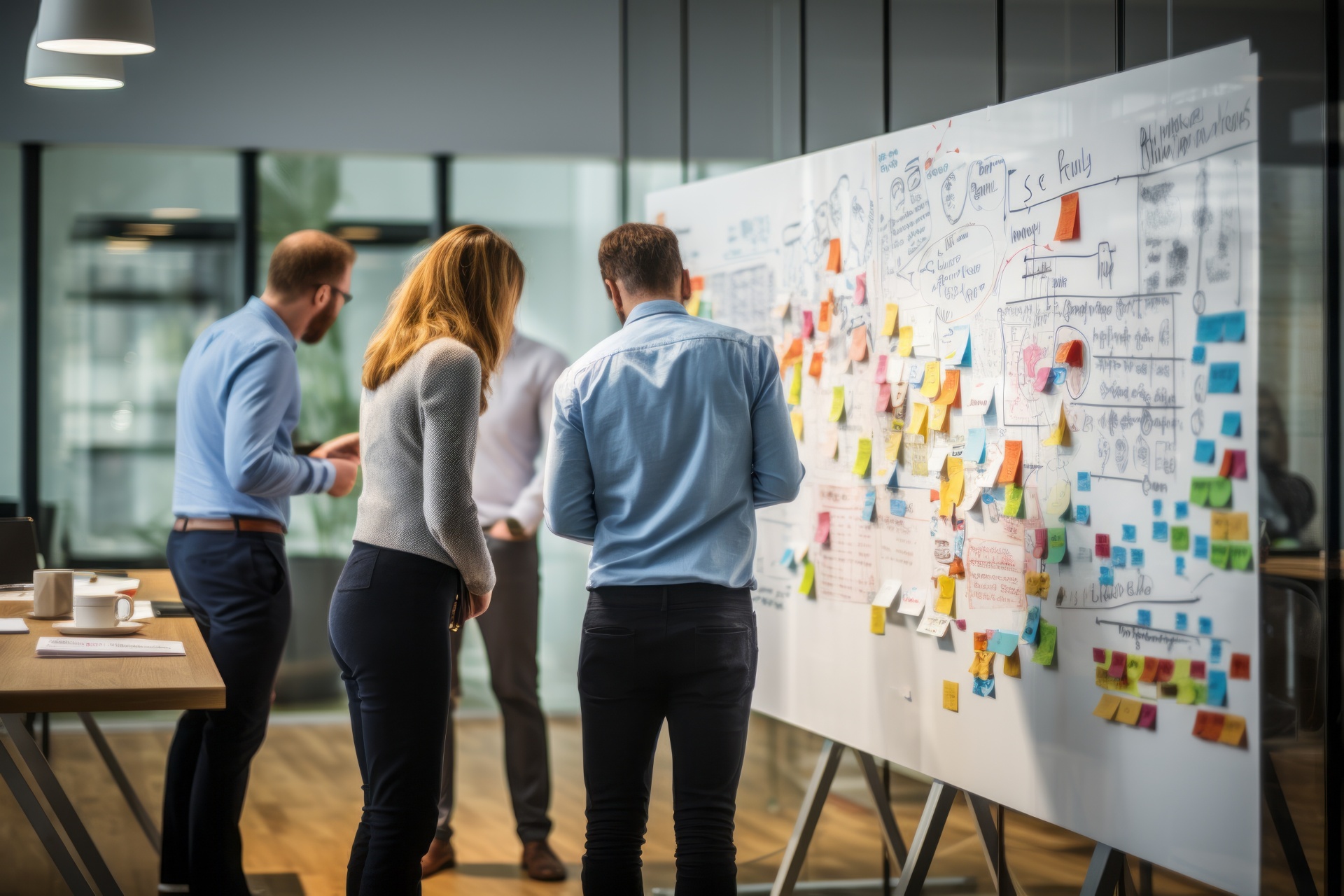Ein Team vor einer Flipchart mit Zetteln darauf Ein Team vor einer Flipchart mit Zetteln darauf