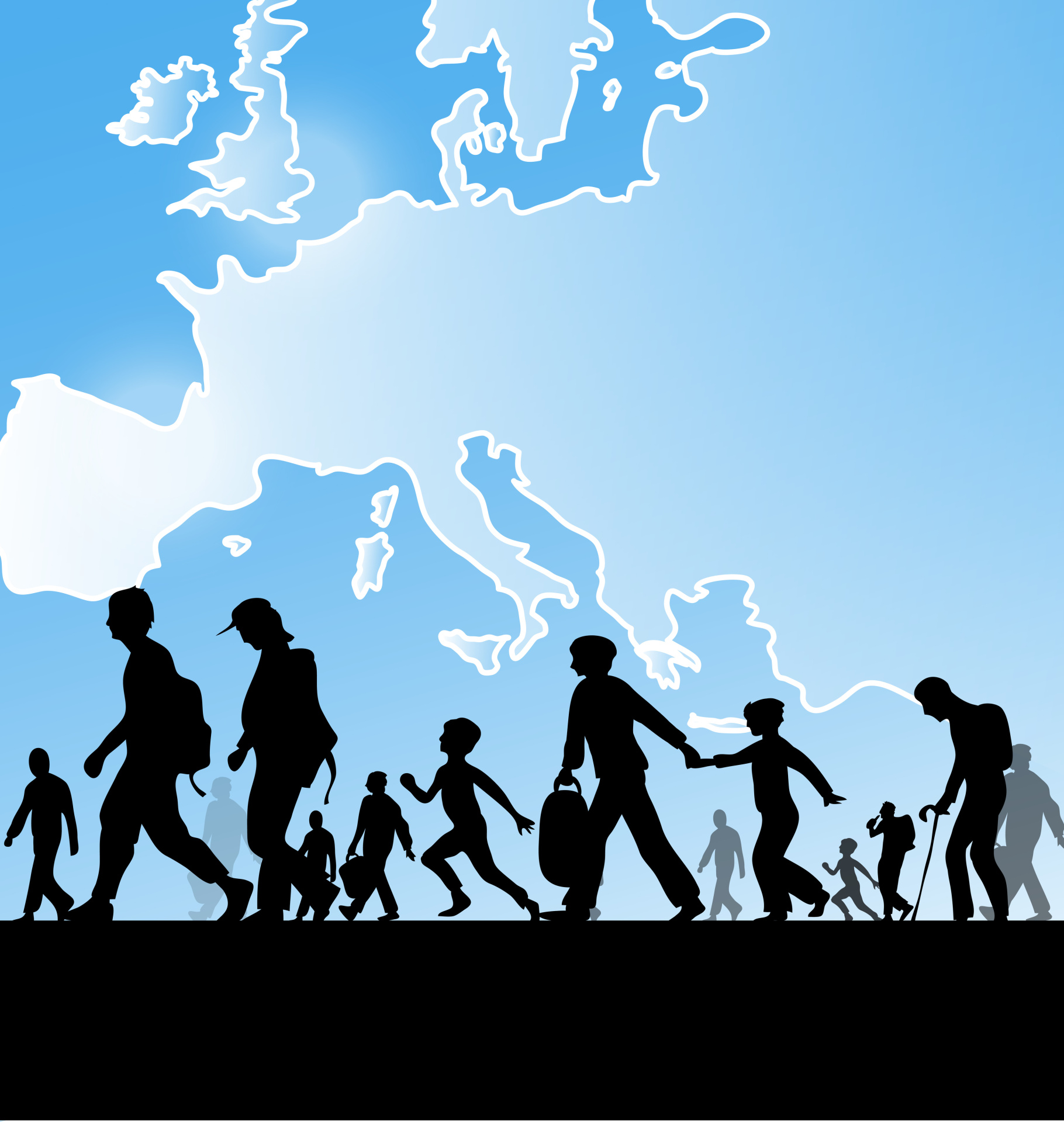 immigration people Silhouetten von Menschen auf einer Landkarte